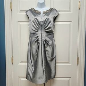 Jessica Howard Silver Gray Cocktail Dress with Embellished Neckline, Size 10